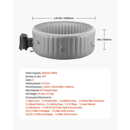 KFFKFF Inflatable Hot Tub, 4-6 Person Capacity, 81.9 x 26in Round Portable Outdoor Spa, with 130 Jets, Headrest, LED Light, Cover, Control Panel, PVC Outdoor Tub, Grey
