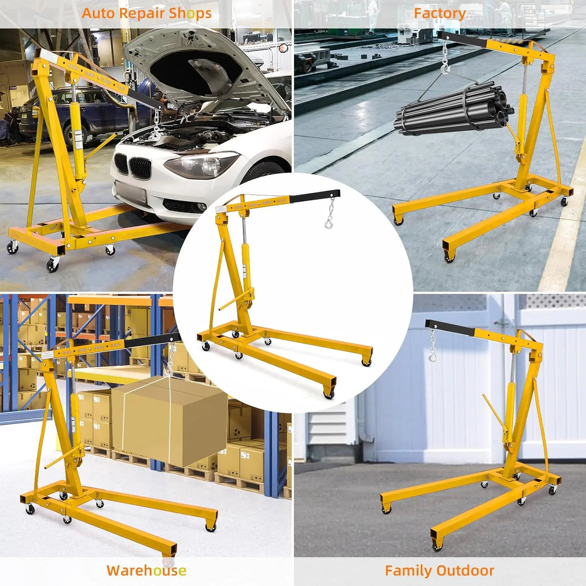 GARVEE 2 Ton Folding Hydraulic Engine Hoist with Lever,Folding Engine Shop Crane Hoist Lift,Heavy Cherry Picker with 6 Wheels for Garage,Workshop,Yellow