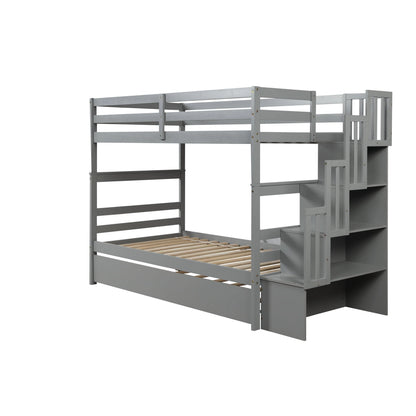 Bellemave Twin over Twin Stairway Bunk Bed with Trundle Wooden Bunk Bed Frame with Guardrails and Staircase, Twin Size Bunk Bed with Storage Stairs for Kids, Teens, Gray