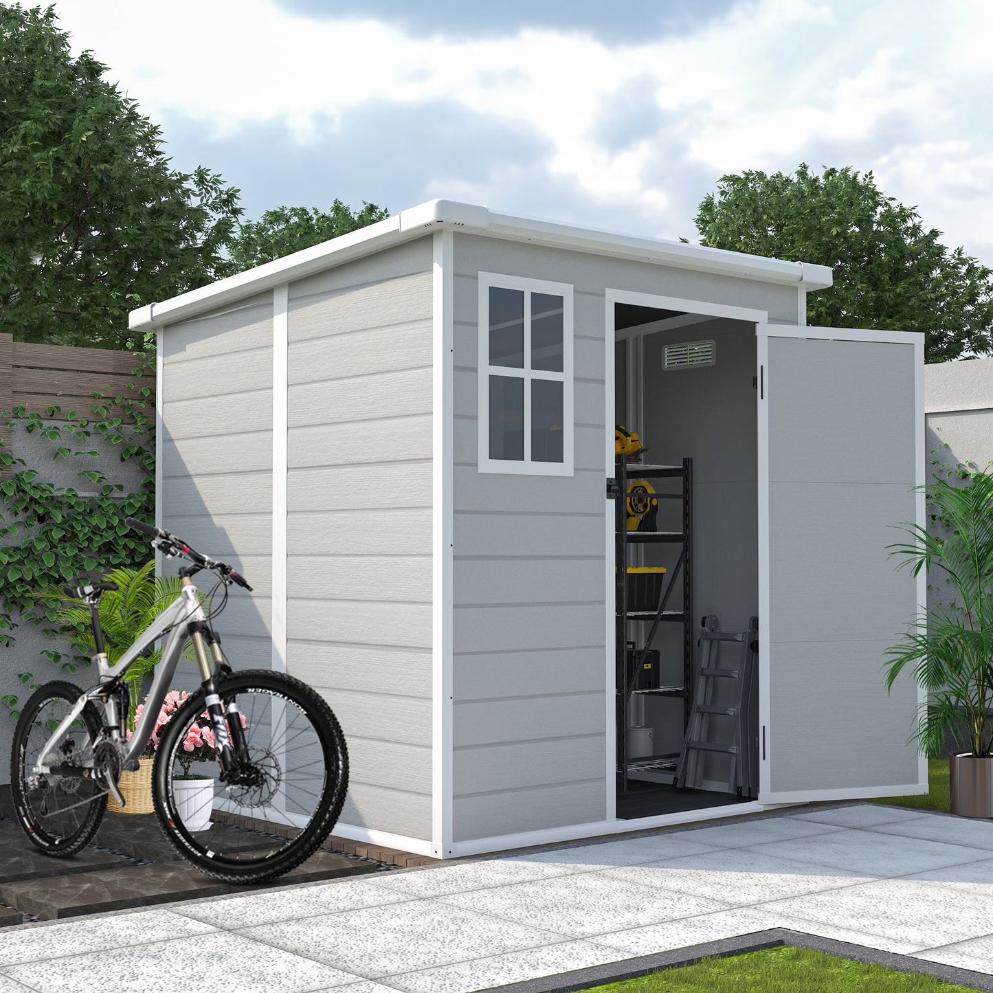 Seizeen Shed and Outdoor Storage, 41 Cu.Ft Small Outdoor Resin Shed with 3 Doors & Floor, 306GAL Deck Box Waterproof Plastic Tool Storage Shed for Cushion Lawn Mower Garbage Cans