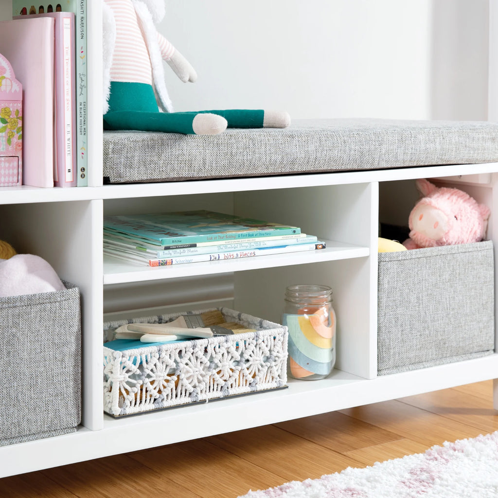 Martha Stewart Kids' Jr. Reading Nook with Bins - Linen White: Kids Wood Bookshelf and Storage Bench with Open Shelves and Canvas Storage Bins for Toys, Games, and Books