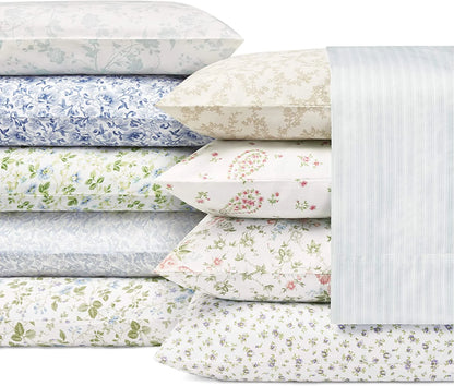 Laura Ashley Home - Full Sheets, Soft Sateen Cotton Bedding Set - Sleek, Smooth, & Breathable Home Decor,Blossoming Blue Blossoming Blue/White Full