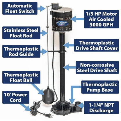 Superior Pump 92333 Multi Use Utility Sump Water Pump, 120 V, 0.33 Hp, 1-1/4 in Outlet, 50 Gpm, Thermoplastic - Black