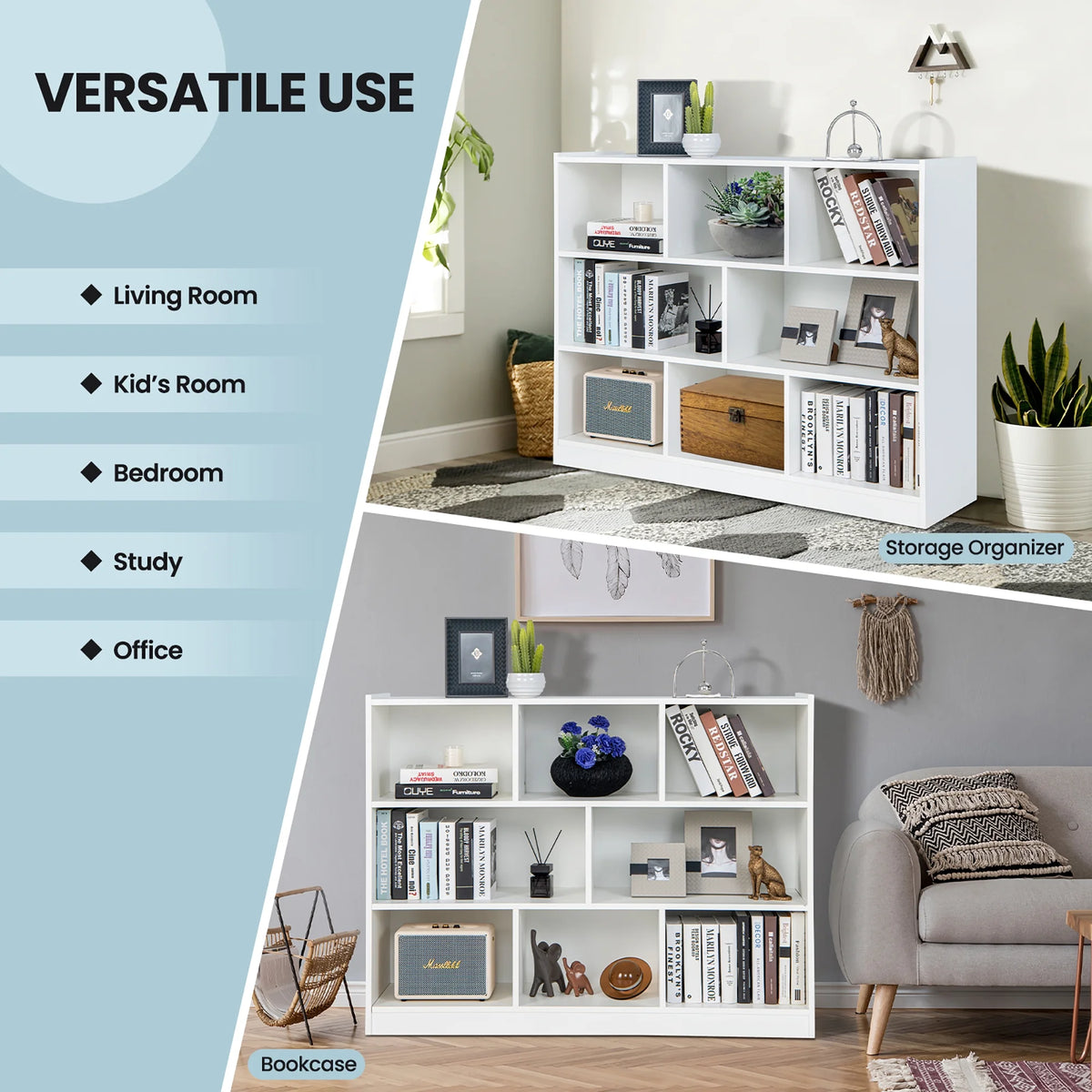 Costway 3-tier Open Bookcase 8-Cube Floor Standing Storage Shelves Display Cabinet White