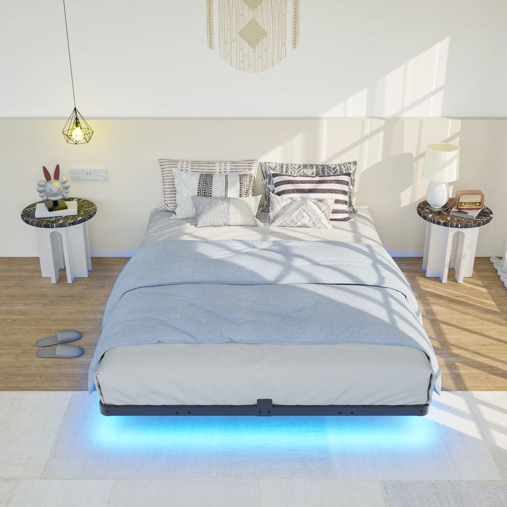 Lusimo Floating Bed Frame with LED Lights Queen Size Metal Platform Bed Frame with 6.1" Under Bed Storage Space No Box Spring Needed, Black
