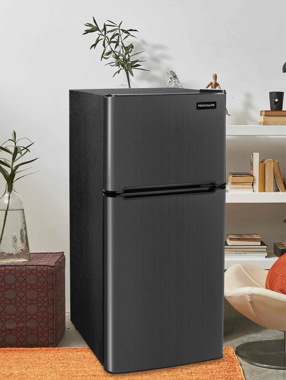 FRIGIDAIRE 4.5 Cu Ft, 2 Door Refrigerator With Freezer Capacity 1.35 Cu Ft, Manual Defrost Black Stainless Steel