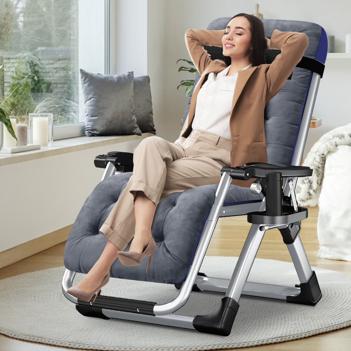 NAIZEA Zero Gravity Chair with Removable Cushion and Cup Holder Black