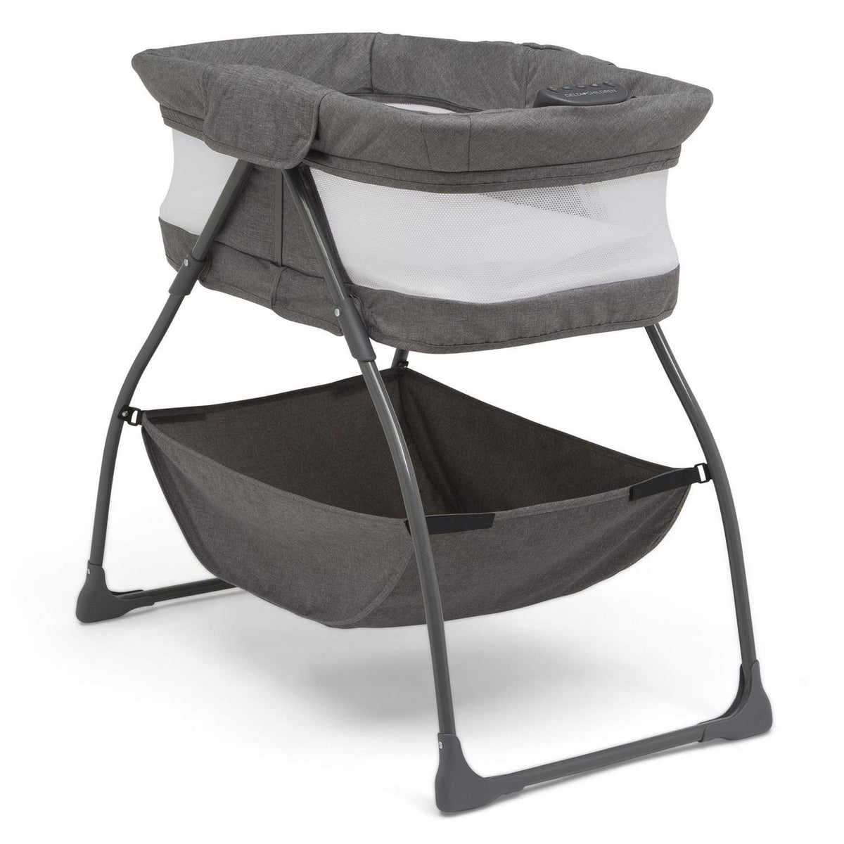 Delta Children TravelMate Compact Fold Bassinet - Features Lights. Sounds and Vibration. Grey Tweed