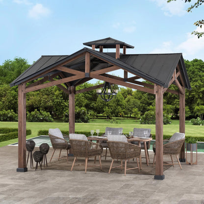 Sunjoy 12.5 x 12.5 ft. Hardtop Gazebo Outdoor Cedar Frame Wood Gazebo with Steel 2-Tier Hardtop Roof and Ceiling Hook
