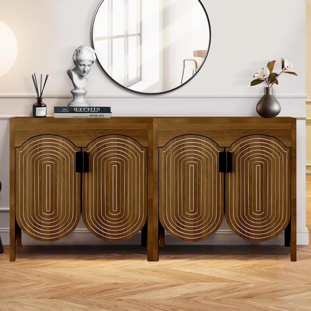 LEFHDA 2PCS Buffet Cabinet, Sideboard Cabinet with Storage, Accent Storage Cabinet with Carved Arc Door Design for Kitchen Dining Room, 2 Doors Buffet Cabinet with Adjustable Shelves