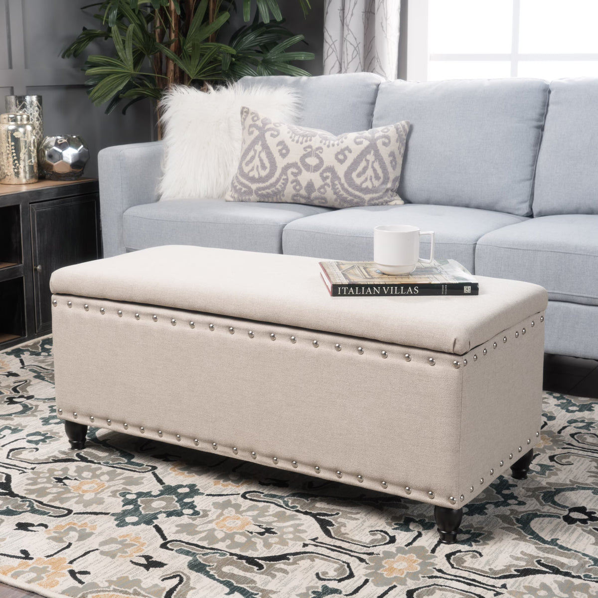 Noble House Hampton Contemporary Fabric Upholstered Storage Ottoman, White and Blue Floral