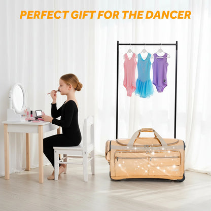 Fegat Dance Bag with Garment Rack,23"Glitter Bright Rolling Dance Duffel Bag Lightweight Competition Bag Costume Suitcase for Dancers Performer Artist, Shine Glitter Purple