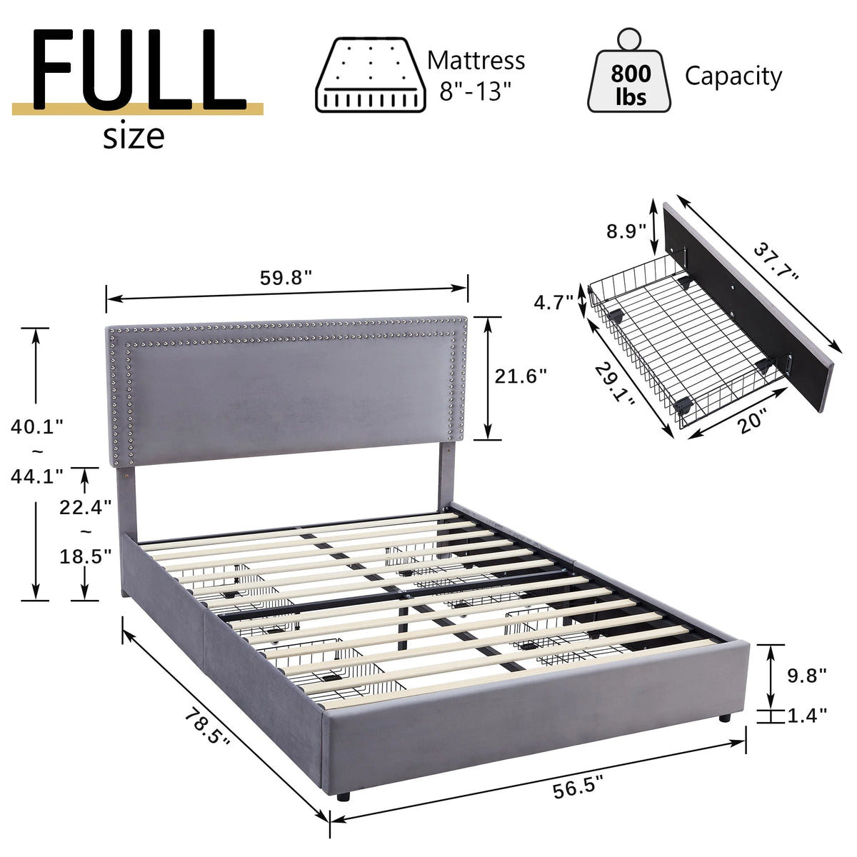 VECELO Full Bed Frame with 4 Storage Drawers (Wheeled) and Tufted Upholstered Adjustable Headboard Platform Bed, Beige