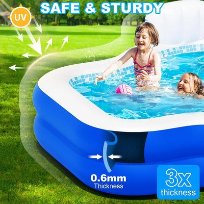 Large Inflatable Swimming Pool for Kids Adults, 121" X 90" X 22" Oversized Thickened Kiddie Pools Family Blow-Up Pool with Pump Seat, Inflatable Pools for Garden, Backyard, Indoor Outdoor Water Party
