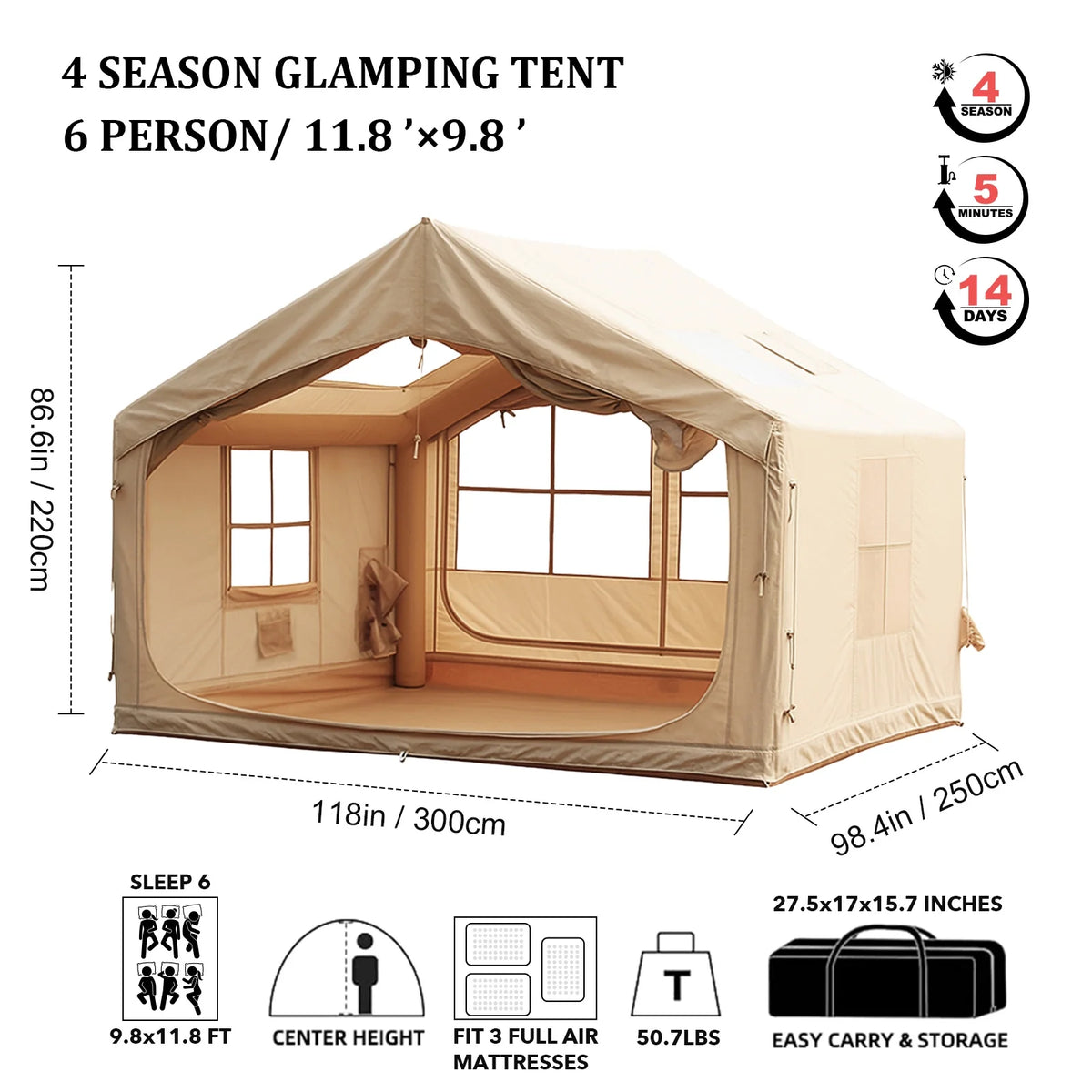 9.8' x 7' Inflatable Camping Tent,4 Season Blow up Tents for Camping, 4-6 Person Inflatable Tent with Stove Jack,Air Tents,Glamping Tent,Waterproof Luxury House with Mesh Window
