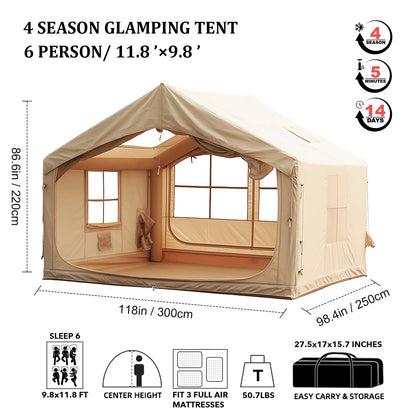 9.8' x 7' Inflatable Camping Tent,4 Season Blow up Tents for Camping, 4-6 Person Inflatable Tent with Stove Jack,Air Tents,Glamping Tent,Waterproof Luxury House with Mesh Window