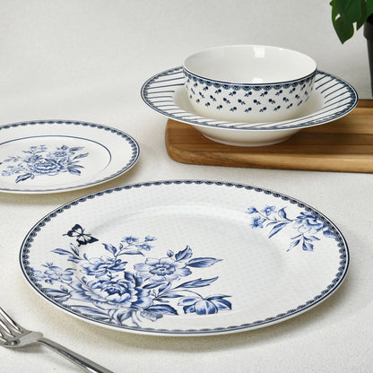 STP GOODS Melodie de Fleurs Bone China Dinnerware Set of 24 Service for 6 24-Piece Dish Set of Plates and Bowls, Blue Gold White