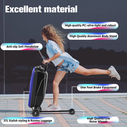 Advwin Scooter Luggage for Kids & Adults, Hardside Ride on Suitcase for Kids Ages 4-15 Multifunctional Lightweight Foldable Carry on Luggage with Wheels Ride on for Children Teenagers, Pink