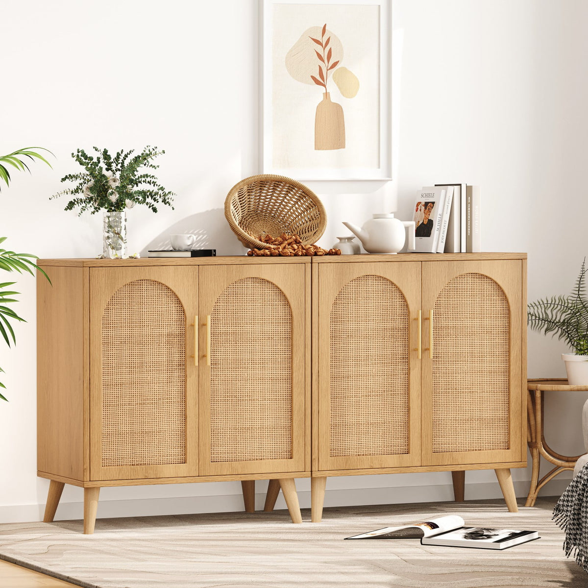 Rovaurx Set of 2 Rattan Storage Cabinet with Doors, Accent Bathroom Floor Cabinet, Modern Sideboard Buffet Cabinet for Living Room, Entryway, Dining Room and Kitchen, Natural