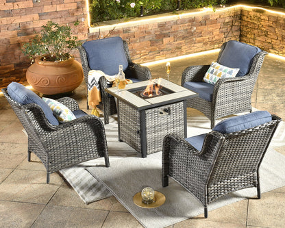Ovios 6 Pieces Outdoor Furniture with CSA Fire Pit All Weather Wicker Patio Conversation Set with Single Chair for Porch