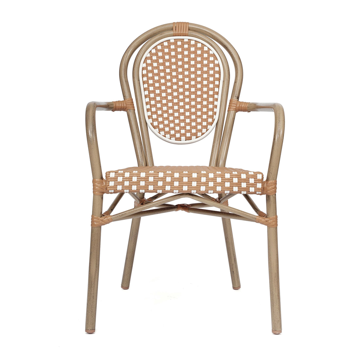 Merrick Lane Stacking Thonet French Bistro Style Chair with Arms, Black & White PE Rattan Seat, and Bamboo Finished Metal Frame for Indoor/Outdoor Use
