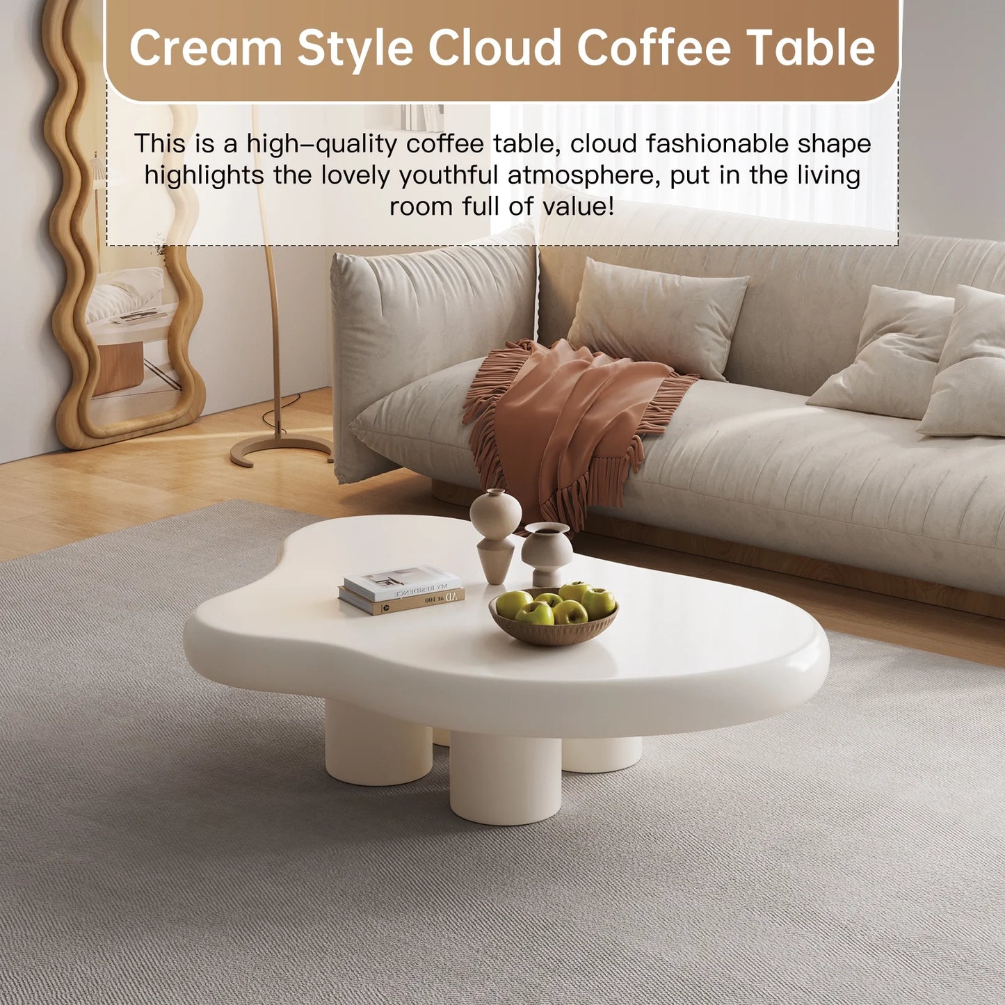 Guyii Cream White Coffee Table with 4 Legs, Irregular Side Table, Modern Wood Tea Table for Living Room, Apartment, Office