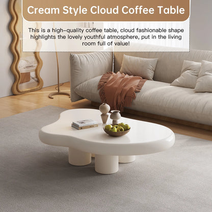 Guyii Cream White Coffee Table with 4 Legs, Irregular Side Table, Modern Wood Tea Table for Living Room, Apartment, Office