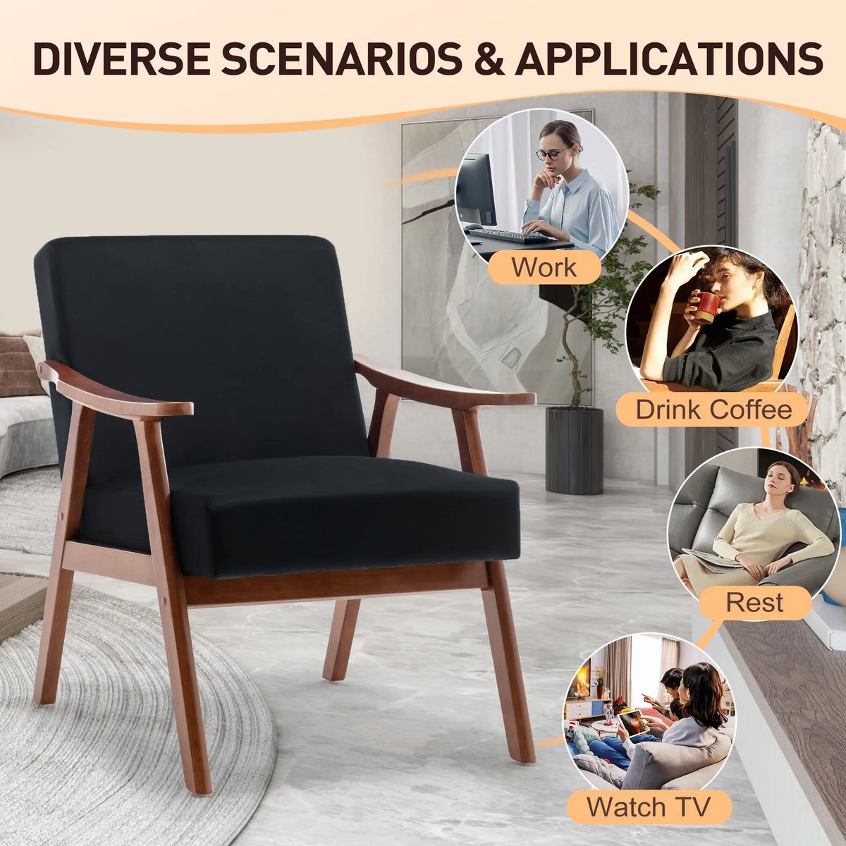 JONPONY Mid-Century Accent Chair,Living Room Chair with Solid Wood Frame,Accent Chair Extra-Thick Backrest,Wingback Chair for Bedroom,Reading Room,Living Room,Small Space,Black