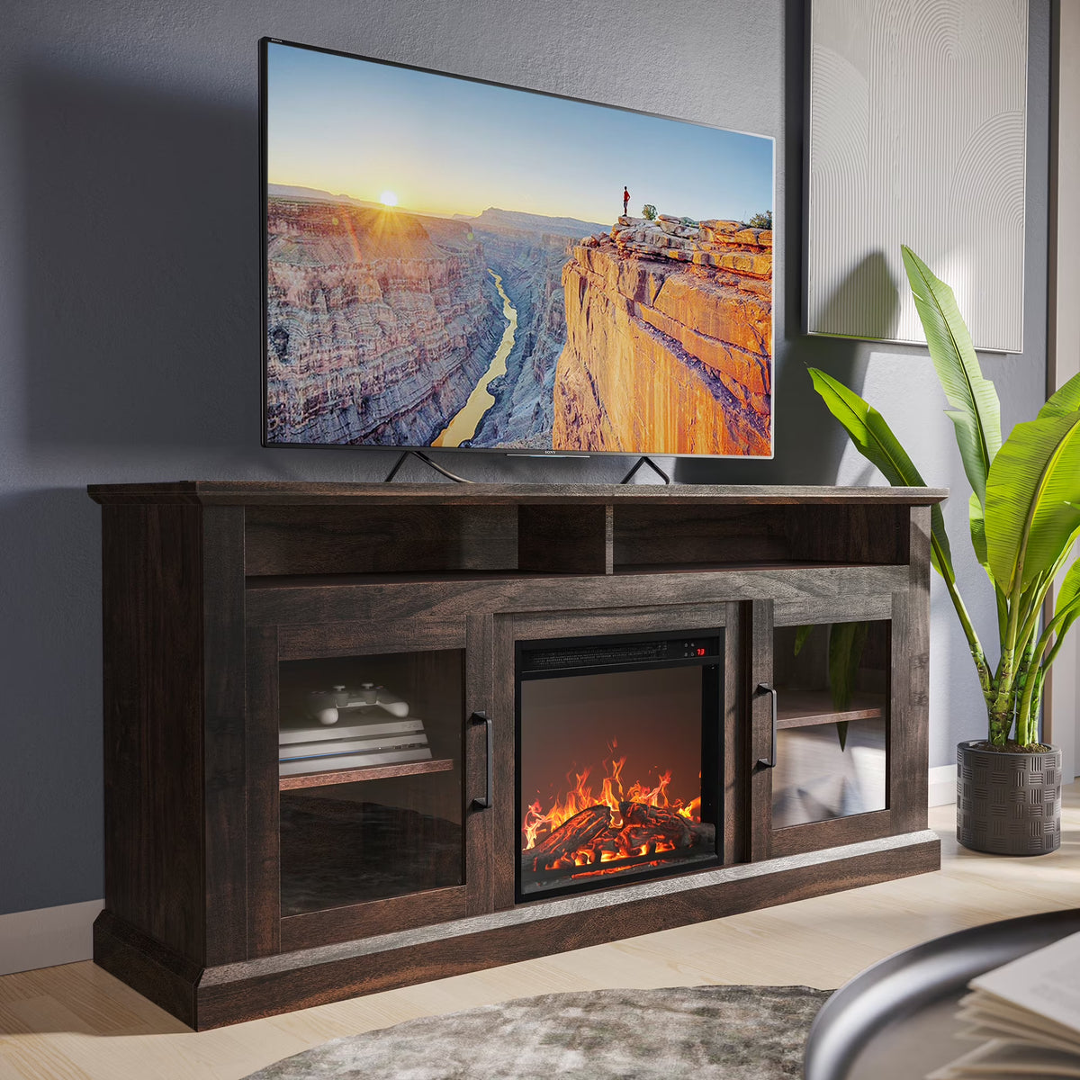 BELLEZE 60" TV Stand with 18" Electric Fireplace, Traditional TV Stand for TVs up to 65", Modern Media Entertainment Center Console Table with Open Storage Shelves & Cabinets - Cayman (Rustic Grey)