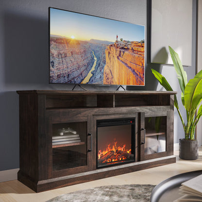 BELLEZE 60" TV Stand with 18" Electric Fireplace, Traditional TV Stand for TVs up to 65", Modern Media Entertainment Center Console Table with Open Storage Shelves & Cabinets - Cayman (Rustic Grey)