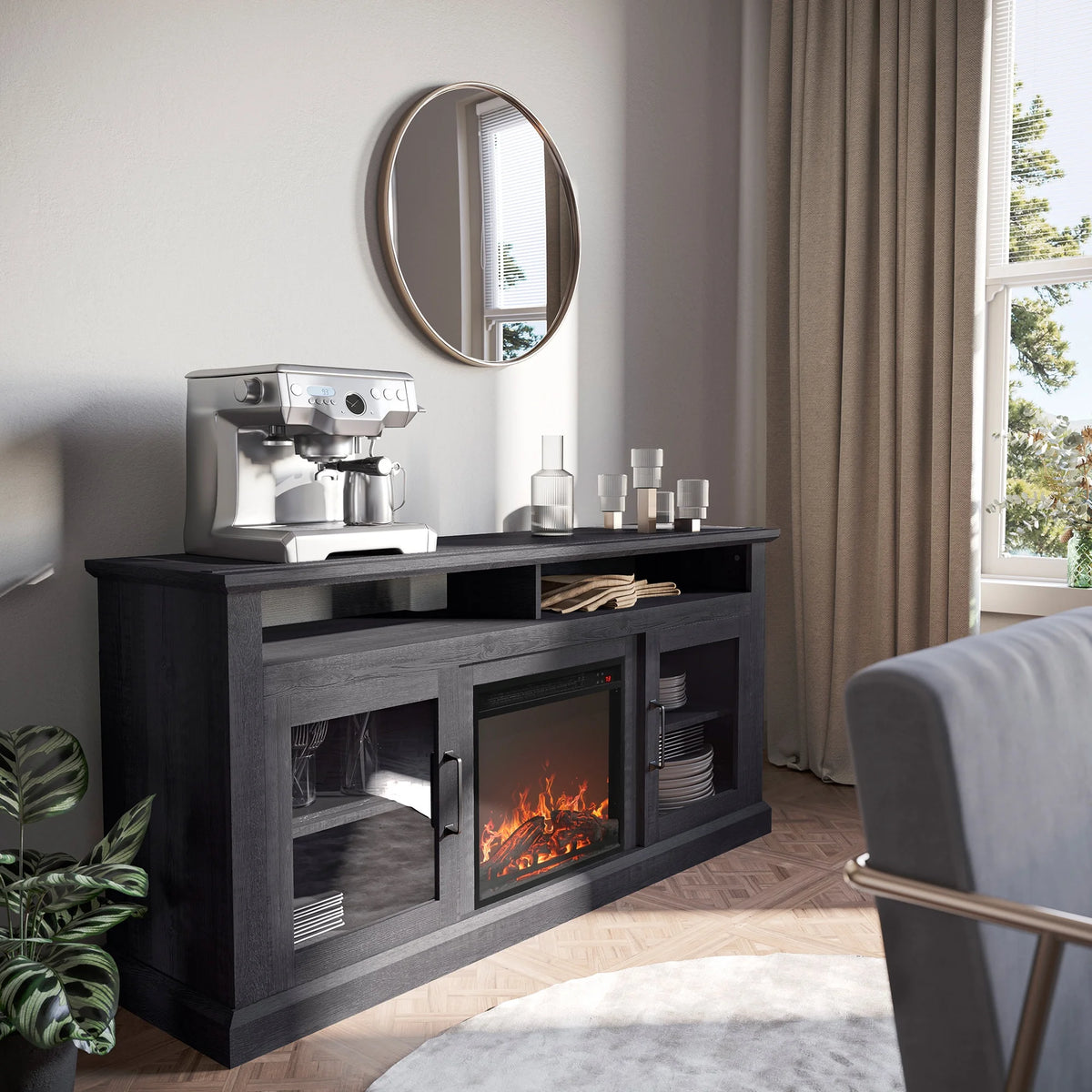BELLEZE 60" TV Stand with 18" Electric Fireplace, Traditional TV Stand for TVs up to 65", Modern Media Entertainment Center Console Table with Open Storage Shelves & Cabinets - Cayman (Rustic Grey)