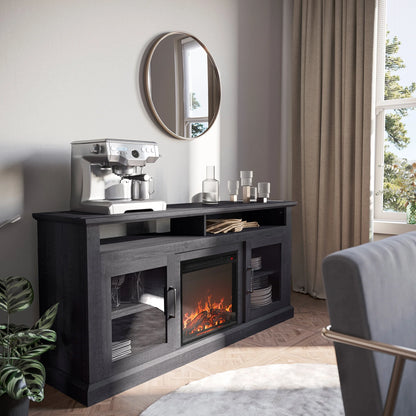 BELLEZE 60" TV Stand with 18" Electric Fireplace, Traditional TV Stand for TVs up to 65", Modern Media Entertainment Center Console Table with Open Storage Shelves & Cabinets - Cayman (Rustic Grey)