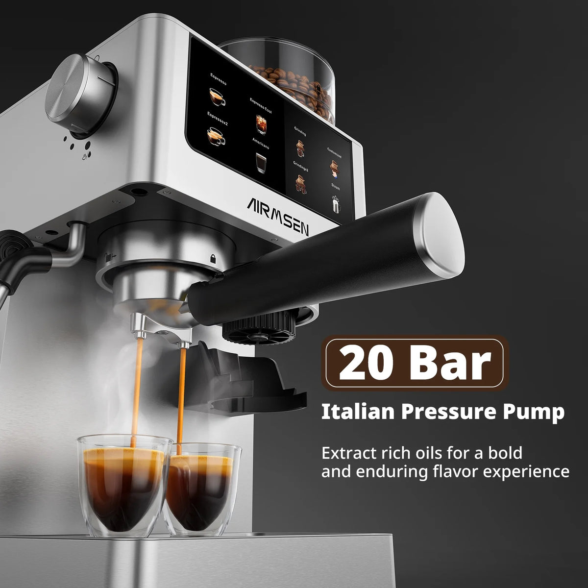 AIRMSEN Espresso Machine with Grinder, Espresso Coffee Machine with Customized Grind Amount & Coffee Volume, Cold Brew Coffee Maker for Cappuccino Latte Americano, Brushed Stainless Steel