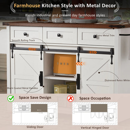 Homy Casa Farmhouse 53.7" Kitchen Island with Storage Cabinet, Sliding Barn Doors, and Wheels, White Oak