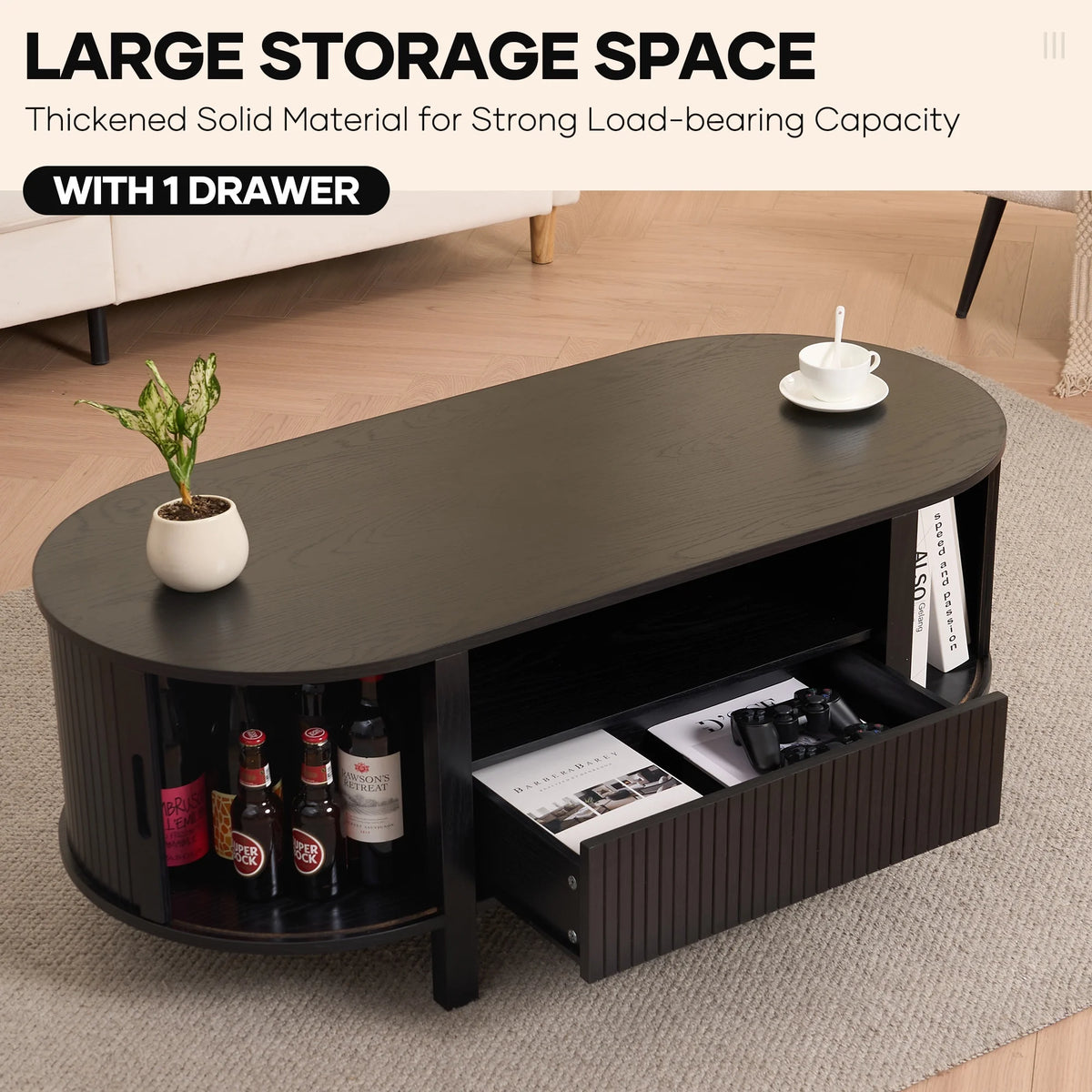 MARNUR Coffee Table with Storage, Tambour Sliding Door, Open Shelf, Mid Century Modern Center Table with Drawer for Living Room, Walnut
