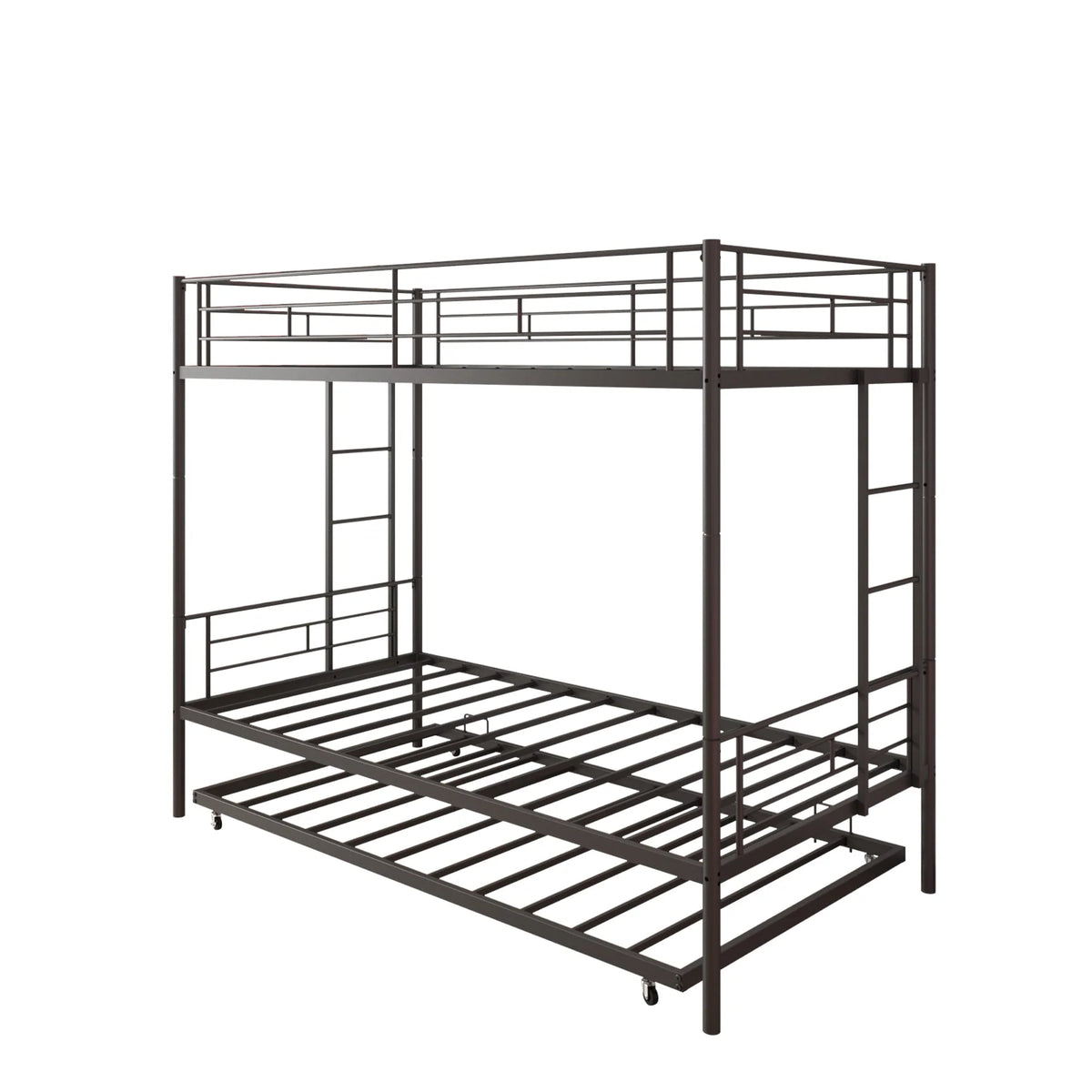 Seizeen Bunk Bed Twin Over Twin Size, Metal Triple Bunk Bed with Trundle, Black Heavy Duty Bunk Bed Frame Per Bed Up to 400LBS, 2 Side Ladders and All-round Safety Guard Rails
