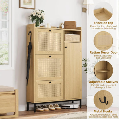 Garvee Rattan Shoe Storage Cabinet with Doors and 3 Flip Drawers, Freestanding Organizer with Adjustable Shelves for Entryway, Narrow Shoe Rack Cabinet for Hallway, Easy Assembly, Oak Color