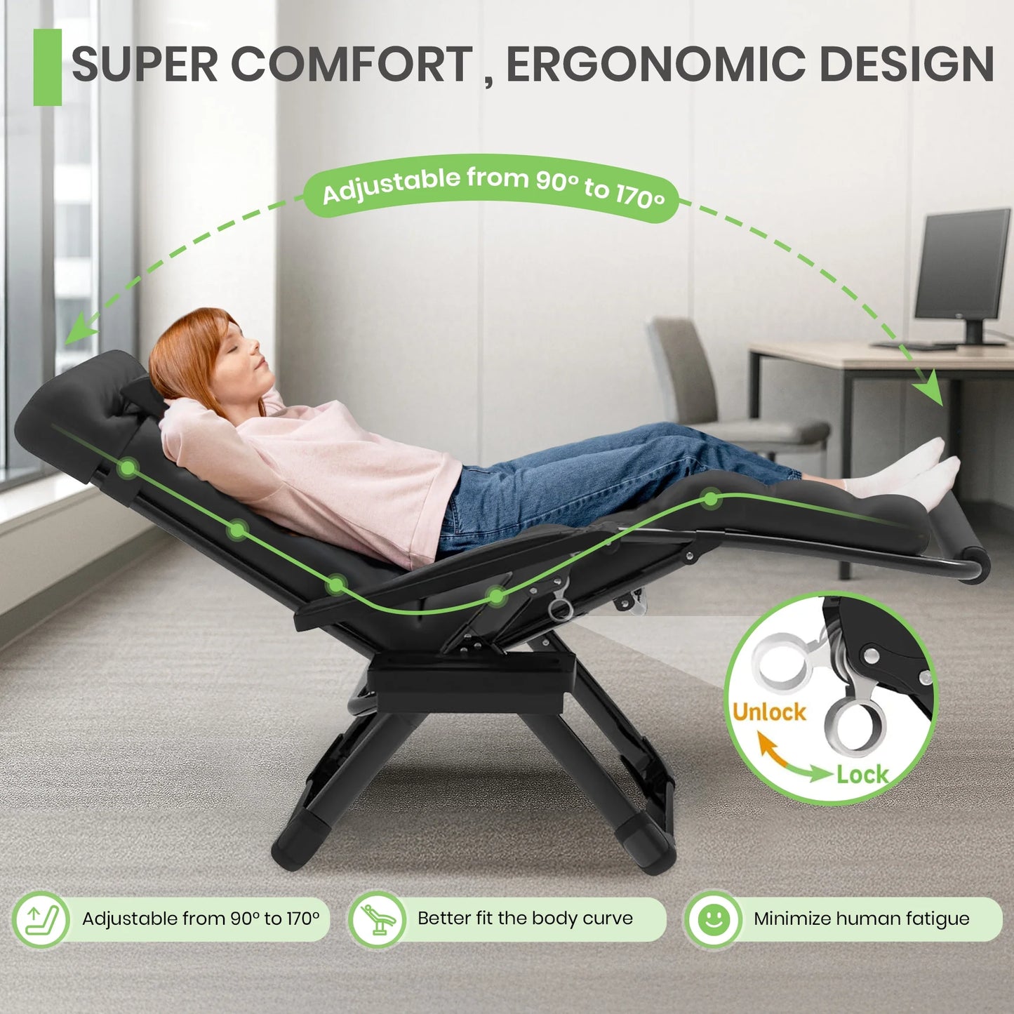 GVDV Oversized Zero Gravity Chair, 33In XXL Lounge Chair with Removable Thick Cushion, Lawn Patio Reclining Chair Upgraded Alloy Lock and Cup Holder, for Indoor Outdoor, Black