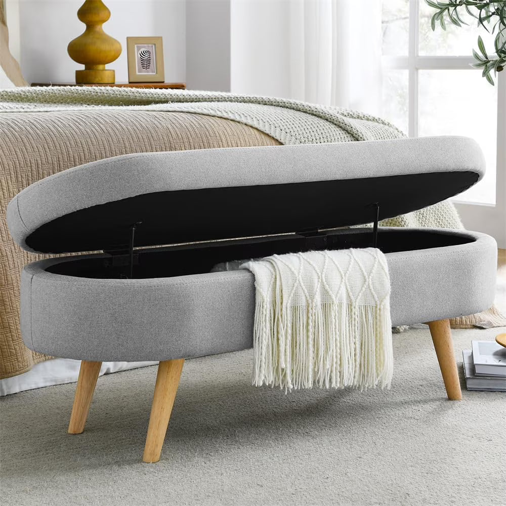 Sumdeal 43.5" Storage Ottoman Bench with 250lb Seating, Linen Upholstered Wood Legs Safety Hinge Flip Top Oval Foot Rest Long Stool for Sofa Couch Bedroom End of Bed Living Room Entryway, White