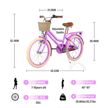 20" Kids Bike Girls Bike with Basket Single Speed Steel Frame Children Bicycle for 7-10 Years, Pink