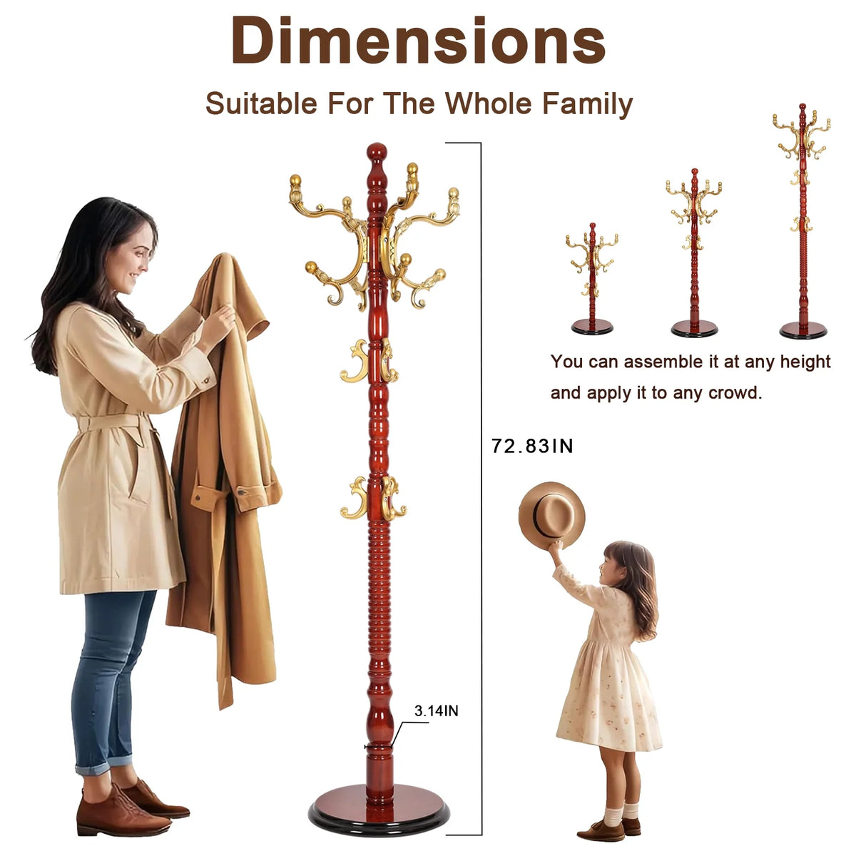 Coat Rack Freestanding, Hall Tree with 11 Hooks, Heavy Duty Wooden Coat Tree Stand, Adjustable Height, Sturdy Base for Bedroom Hallway Office - Load 270lbs
