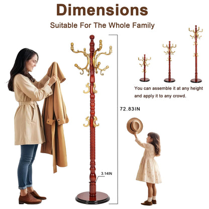 Coat Rack Freestanding, Hall Tree with 11 Hooks, Heavy Duty Wooden Coat Tree Stand, Adjustable Height, Sturdy Base for Bedroom Hallway Office - Load 270lbs