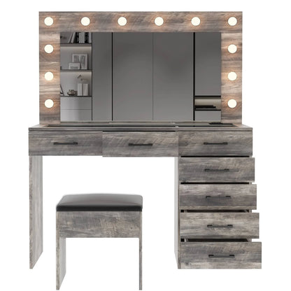 Ktaxon Large Makeup Vanity, Vanity Table Set w/ Visible Glass Top w/ Charging Station, White