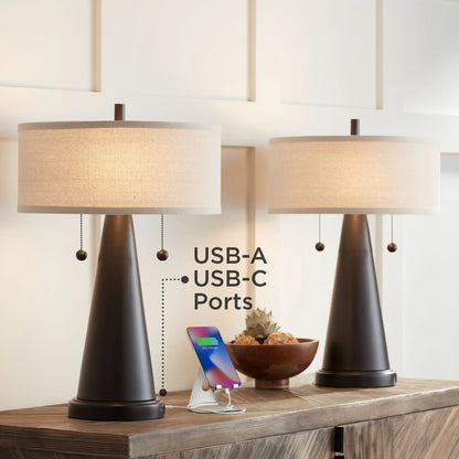 Franklin Iron Works Craig Rustic Farmhouse Accent Table Lamps 23" High Set of 2 Bronze with USB Charging Port Natural Drum Shade for Bedroom Desk