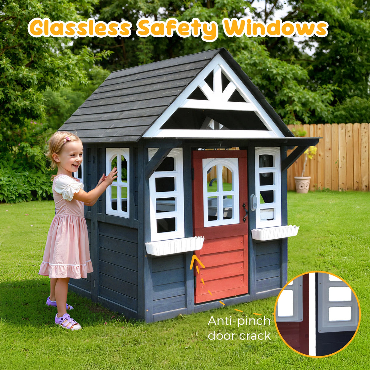 COCLUB Outdoor Playhouse for Kids Ages 4-8, Wooden Play House with Doorbell, Phone, Kitchen Toys, Outdoor Kids Play Equipment, Casa Para Ni?as (45��L x 65��H), White & Black