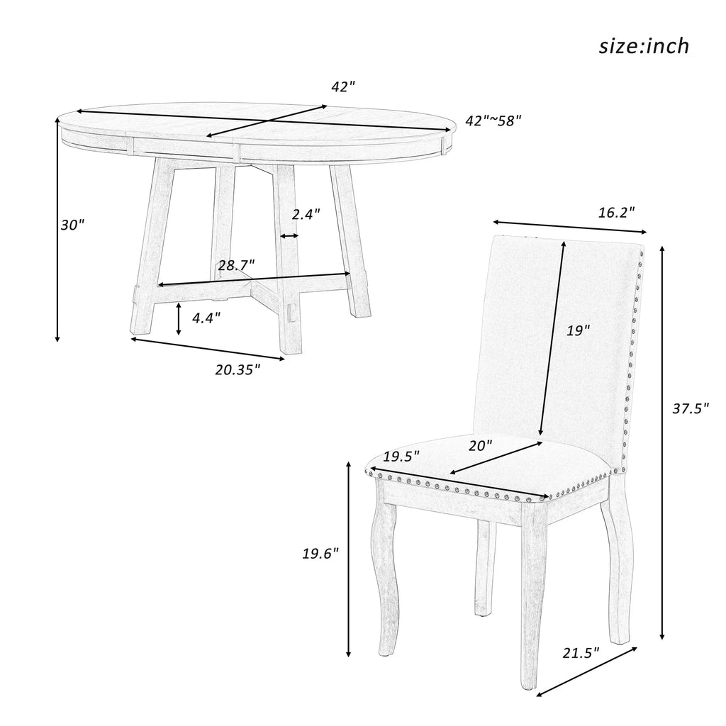 Bellemave 5-Piece Round Dining Table Set, Wood Farmhouse Extendable Dining Table and 4 Upholstered Dining Chairs, Kitchen Dining Table Set for 4 ��Antique White��