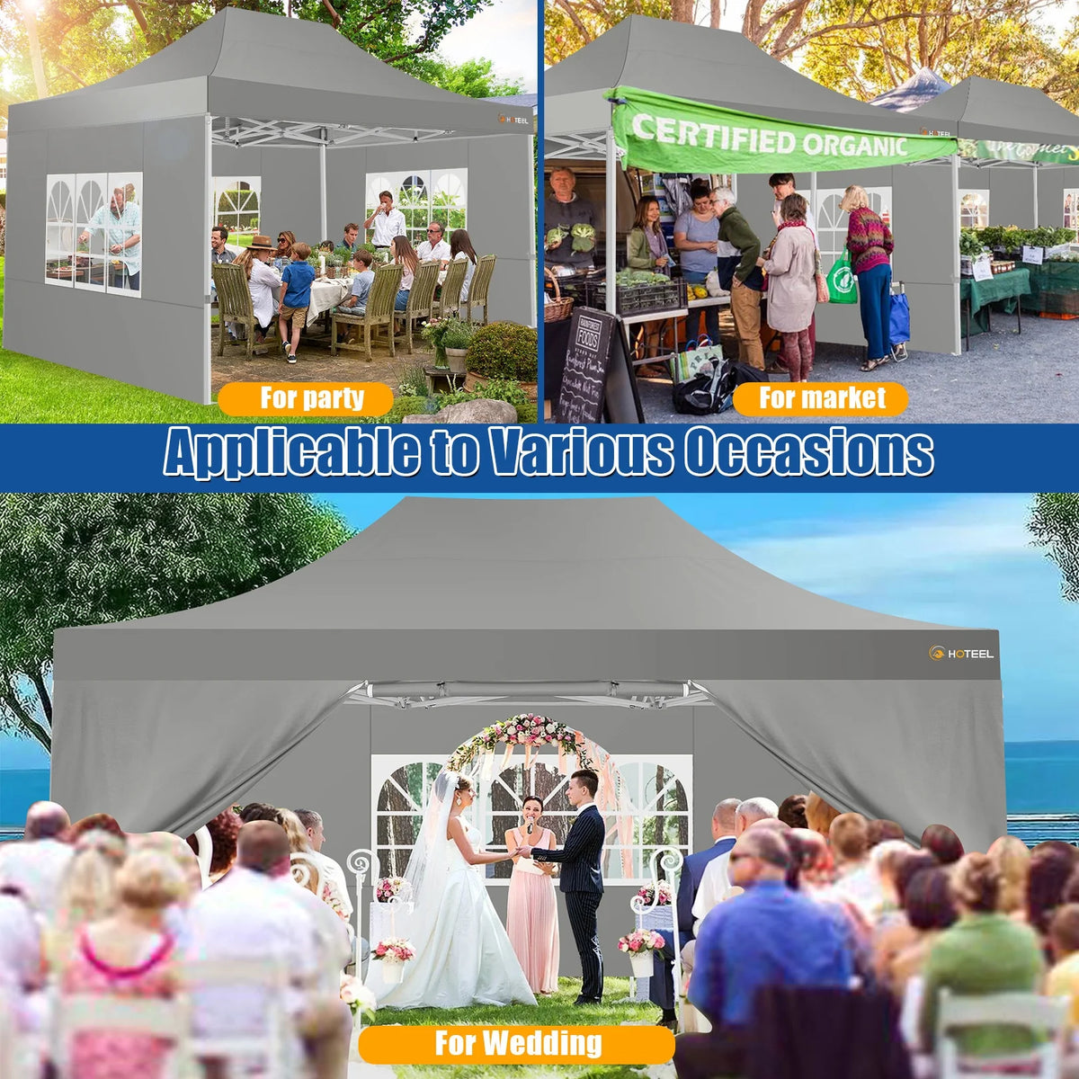 HOTEEL 10x15 Heavy Duty Canopy Tent - Commercial Pop Up with UV50+, Thick Hexagonal Frame, 4 Sidewalls, Anti-Pooling Design & Roller Bag (Black)