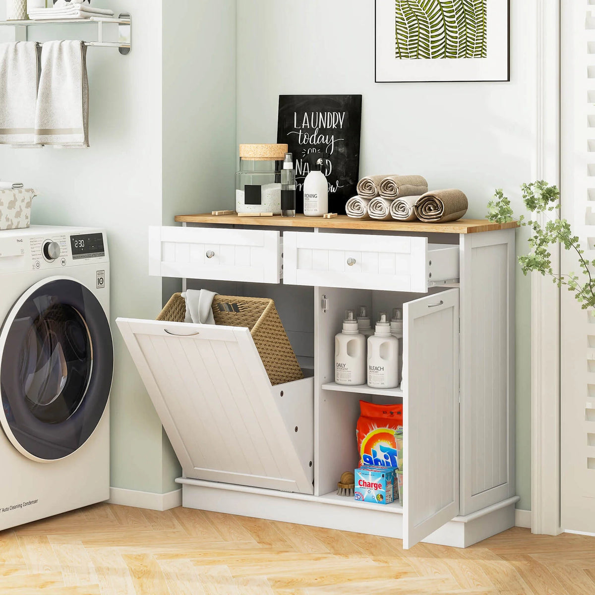 Costway 15.5 Gallon Kitchen Tilt Out Trash Cabinet Rubber Wood Tabletop 2 Drawers Shelf Gray