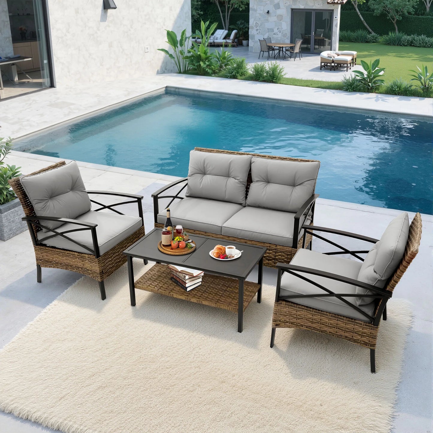 Heavy-duty Patio Furniture Set, 4 Piece Outdoor Sectional Conversation Sets, BrownPE Rattan Patio Sofa Set with Blue Cushions