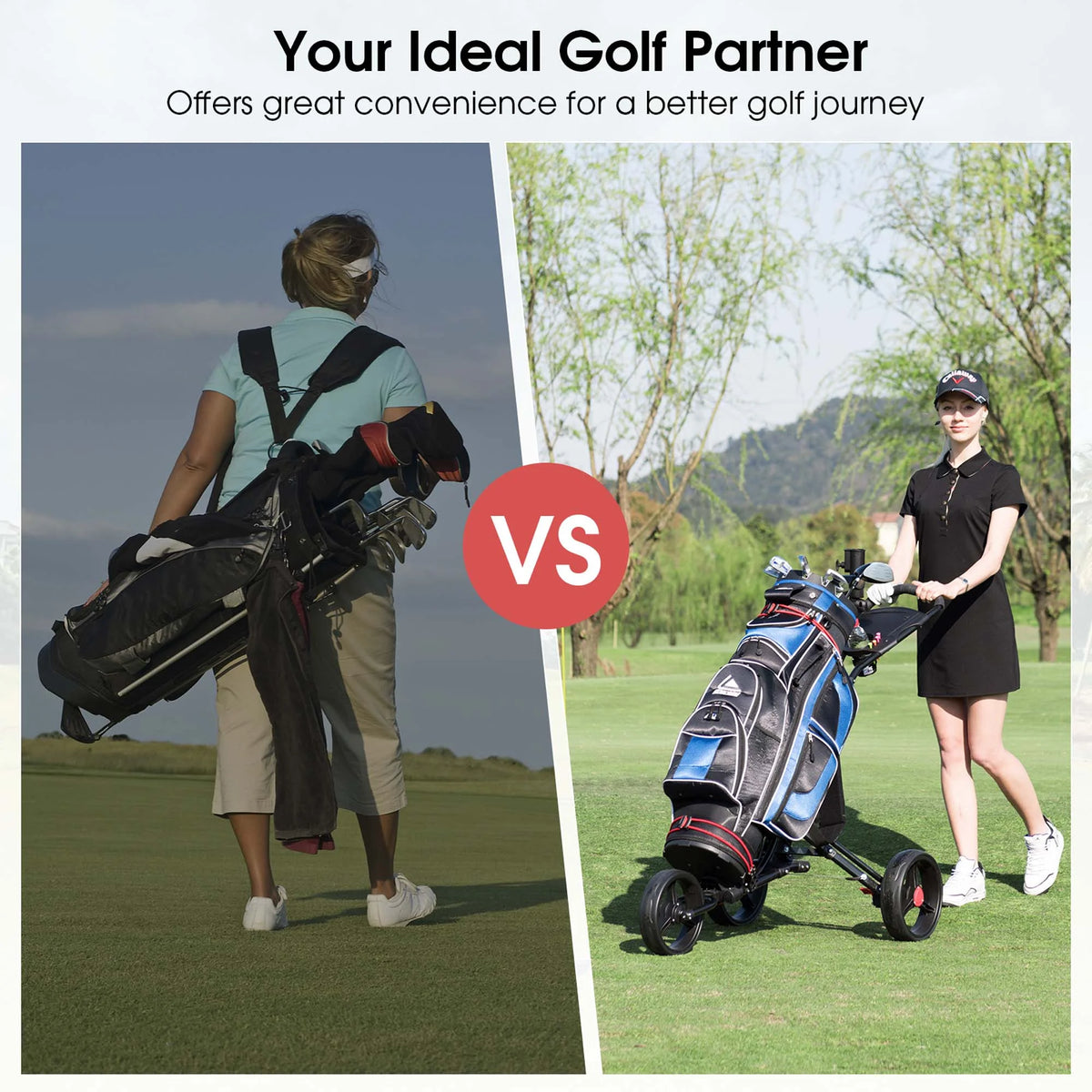 Costway Foldable 3 Wheel Steel Golf Pull Push Cart Trolley Club w/ Umbrella Holder